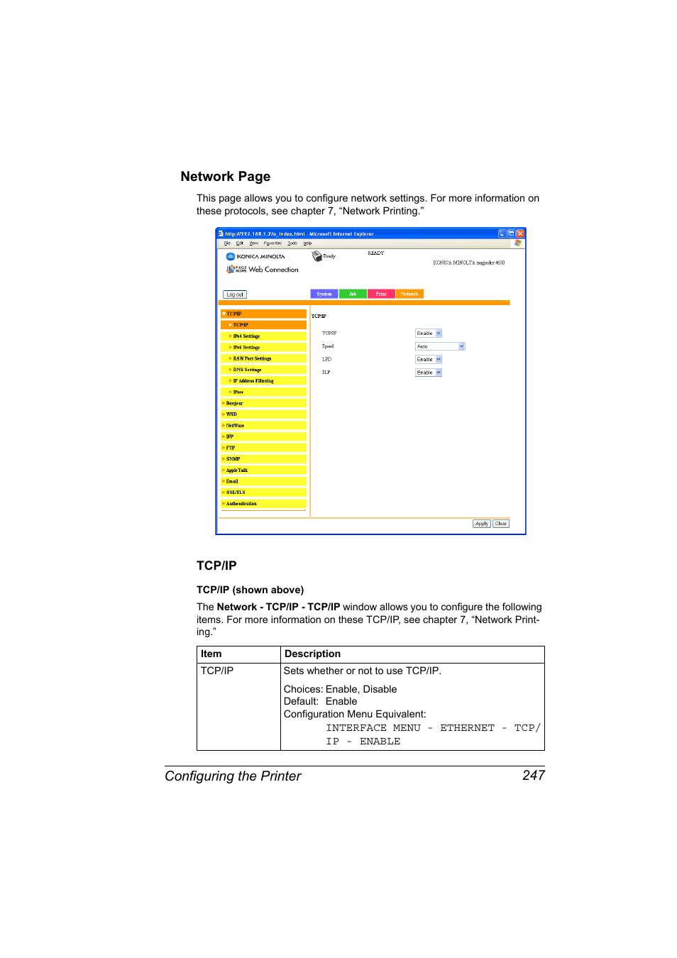 Tcp/ip, Tcp/ip 247, Configuring the printer 247 network page | Konica Minolta magicolor 4650EN User Manual | Page 265 / 334