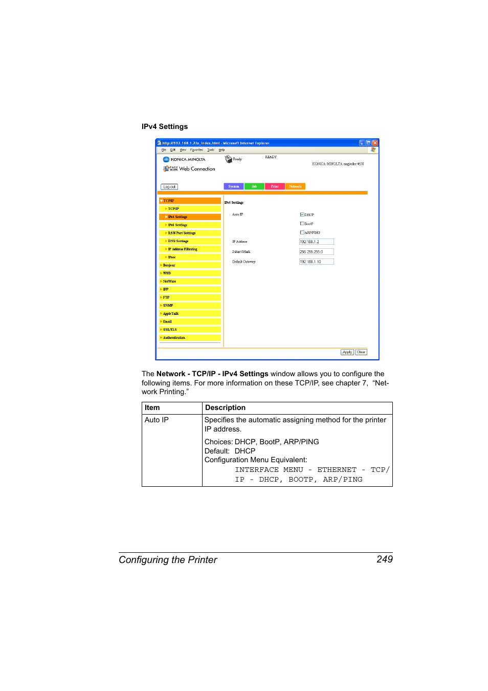 Configuring the printer 249 | Konica Minolta magicolor 4650EN User Manual | Page 267 / 334