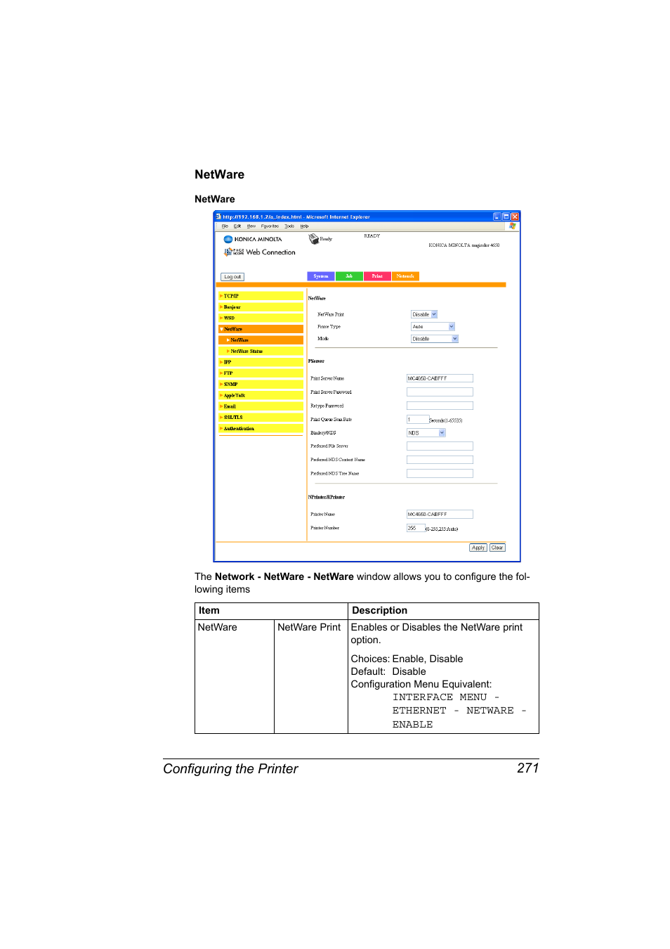 Netware, Netware 271, Configuring the printer 271 | Konica Minolta magicolor 4650EN User Manual | Page 289 / 334