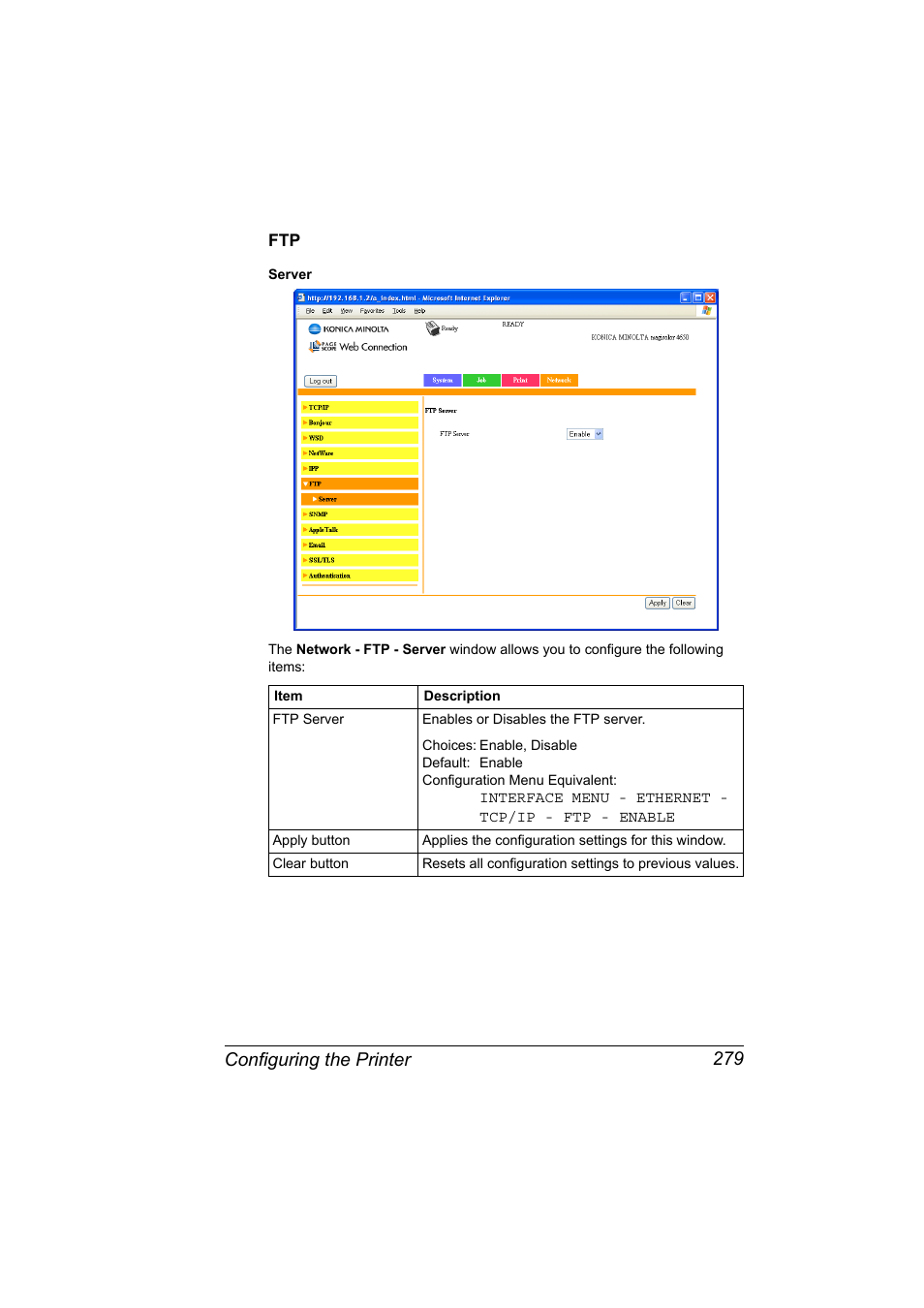 Ftp 279, Configuring the printer 279 | Konica Minolta magicolor 4650EN User Manual | Page 297 / 334