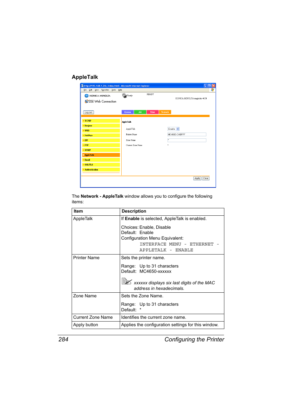Appletalk, Appletalk 284, Configuring the printer 284 | Konica Minolta magicolor 4650EN User Manual | Page 302 / 334