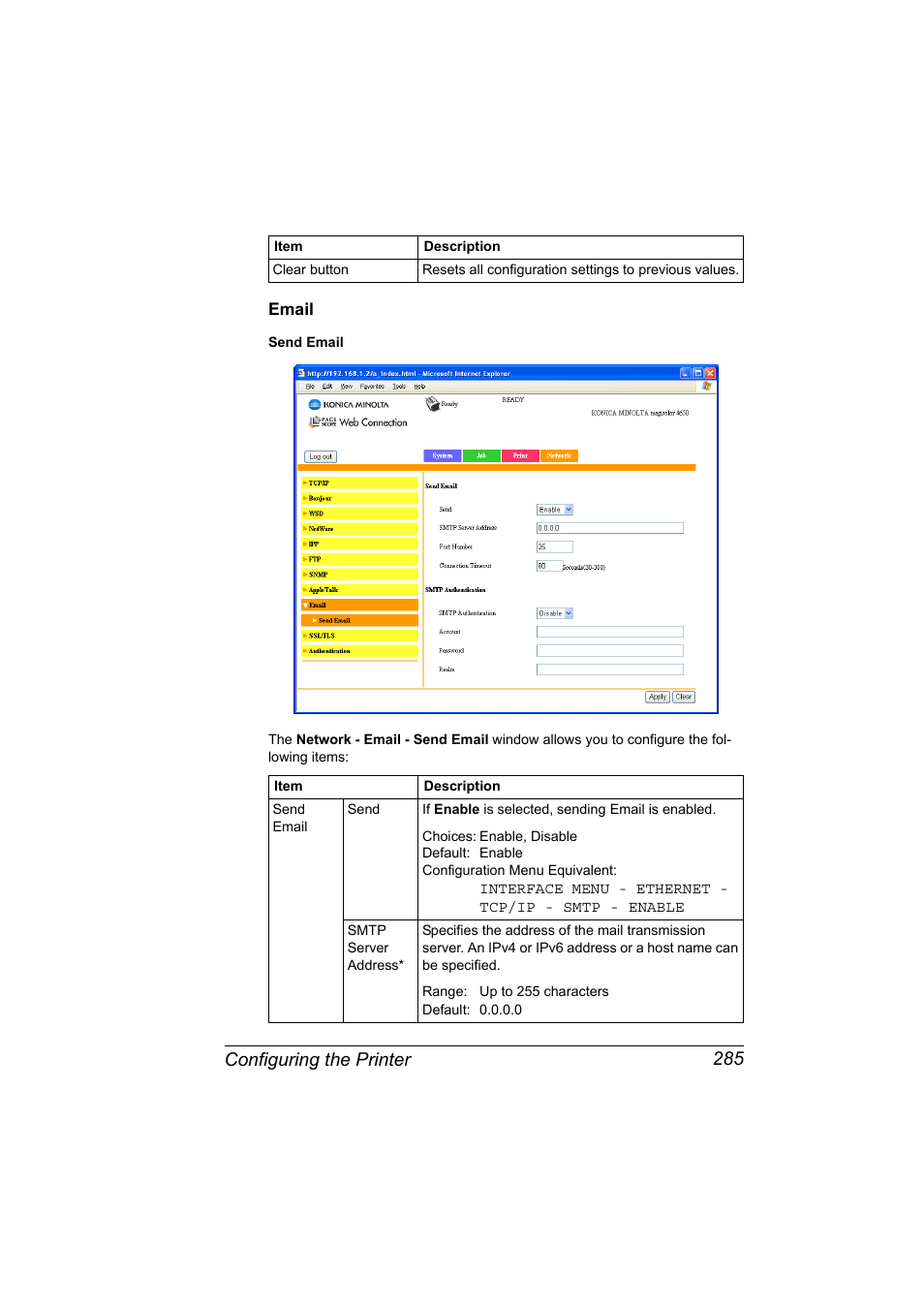Email, Email 285, Configuring the printer 285 | Konica Minolta magicolor 4650EN User Manual | Page 303 / 334