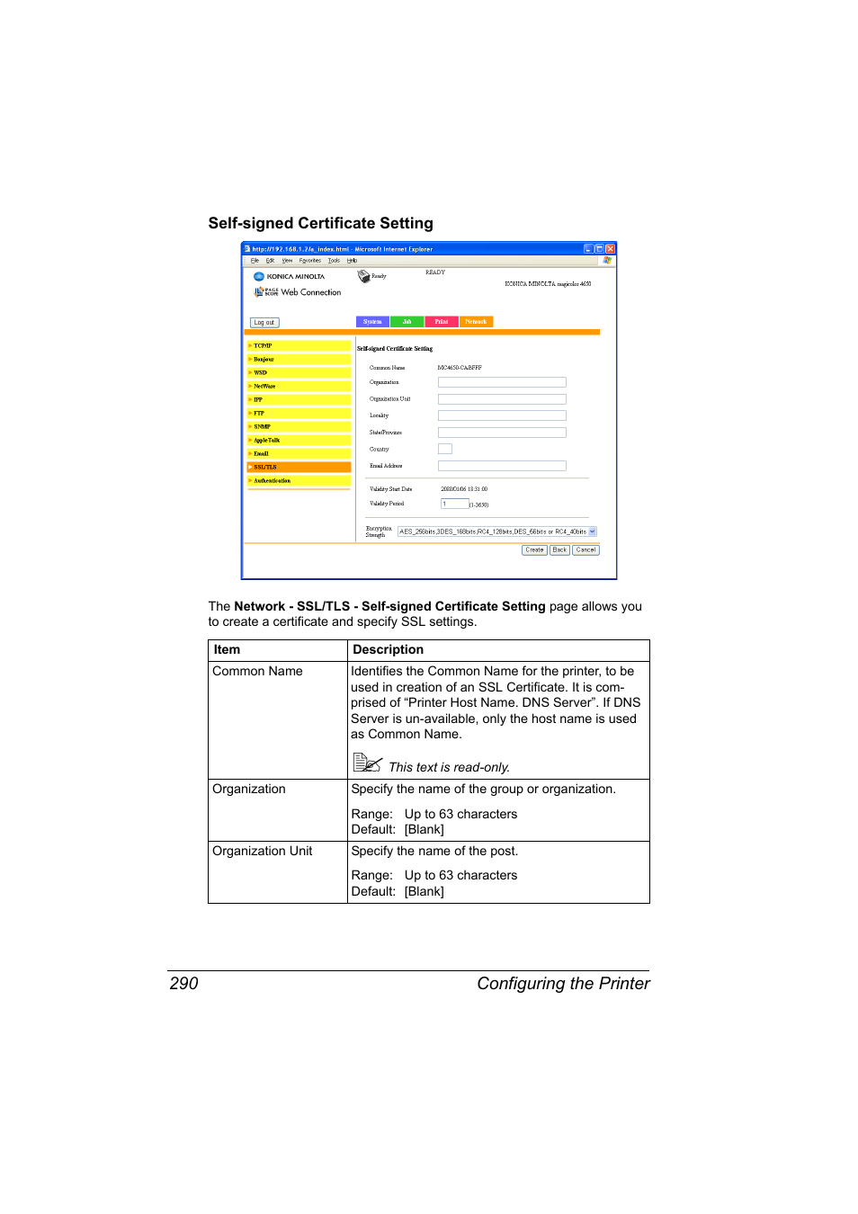 Self-signed certificate setting, Self-signed certificate setting 290 | Konica Minolta magicolor 4650EN User Manual | Page 308 / 334