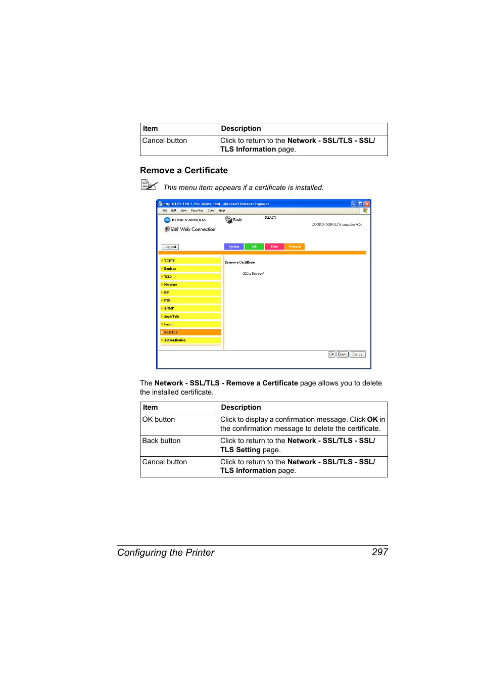 Remove a certificate, Remove a certificate 297, Configuring the printer 297 | Konica Minolta magicolor 4650EN User Manual | Page 315 / 334