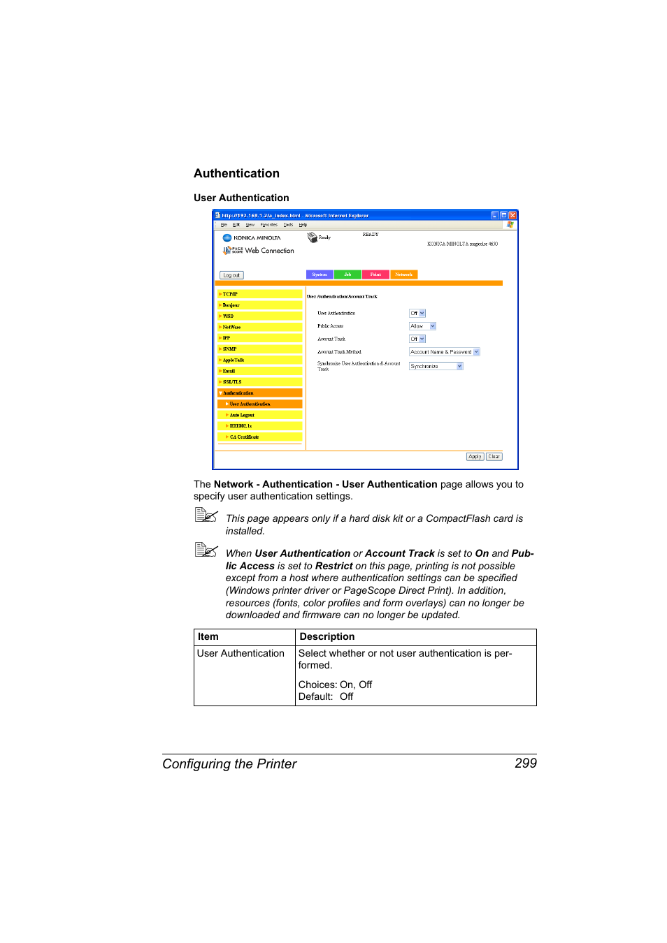 Authentication, Authentication 299 | Konica Minolta magicolor 4650EN User Manual | Page 317 / 334