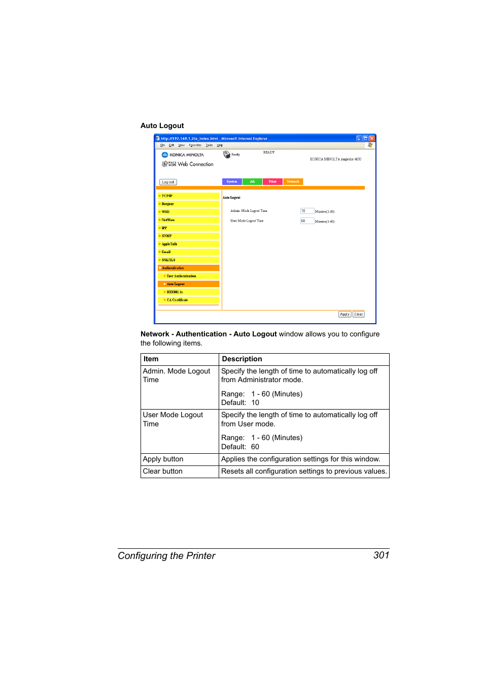 Configuring the printer 301 | Konica Minolta magicolor 4650EN User Manual | Page 319 / 334