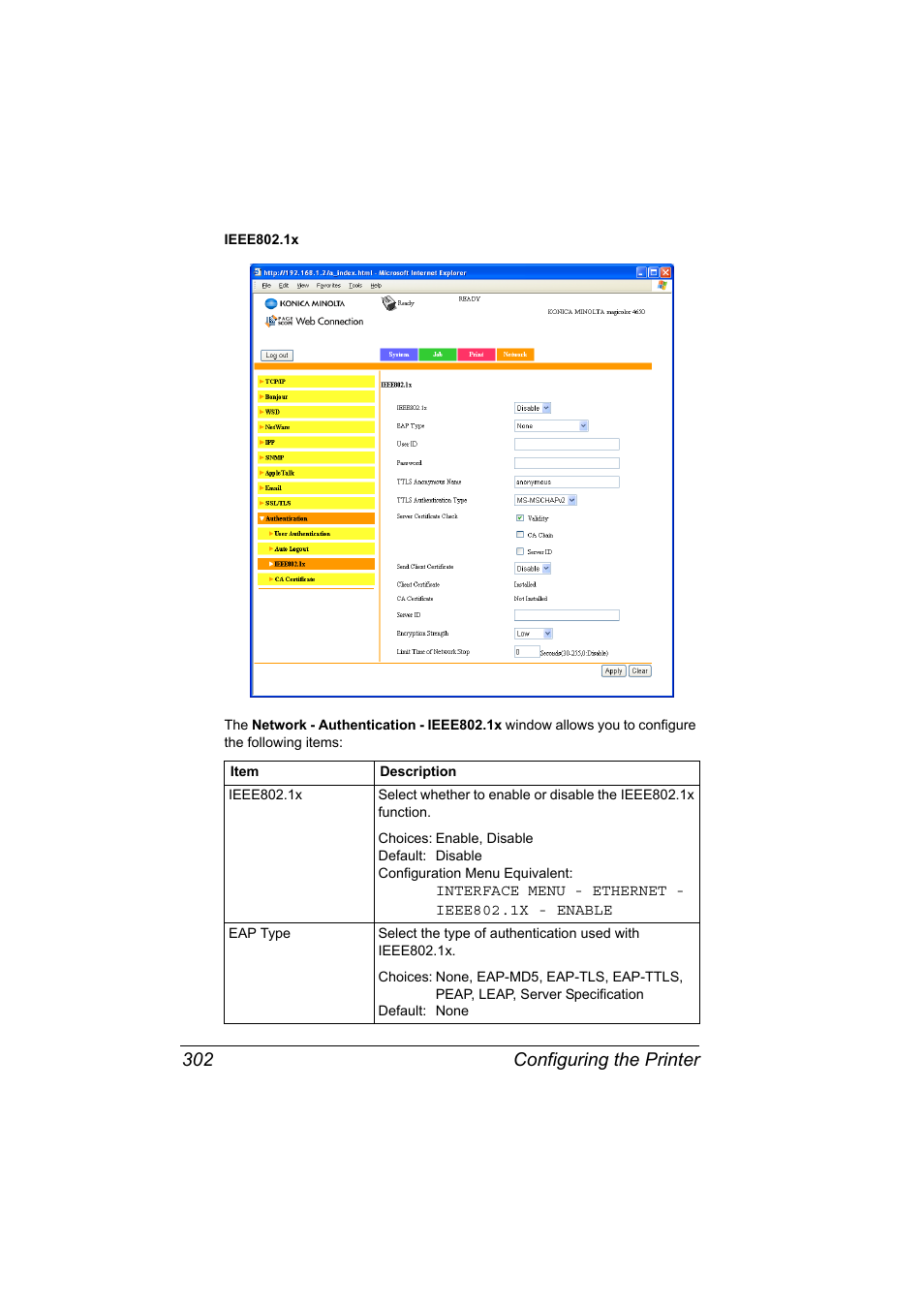 Configuring the printer 302 | Konica Minolta magicolor 4650EN User Manual | Page 320 / 334