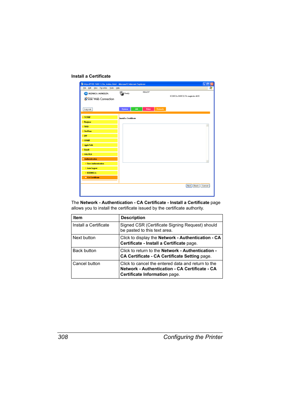 Configuring the printer 308 | Konica Minolta magicolor 4650EN User Manual | Page 326 / 334