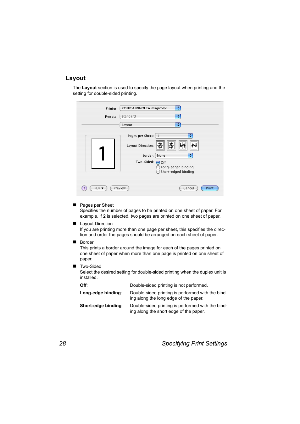 Layout, Layout 28, Specifying print settings 28 layout | Konica Minolta magicolor 4650EN User Manual | Page 46 / 334