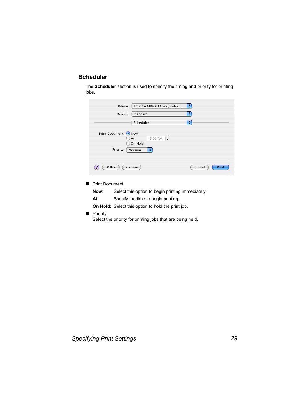 Scheduler, Scheduler 29, Specifying print settings 29 scheduler | Konica Minolta magicolor 4650EN User Manual | Page 47 / 334