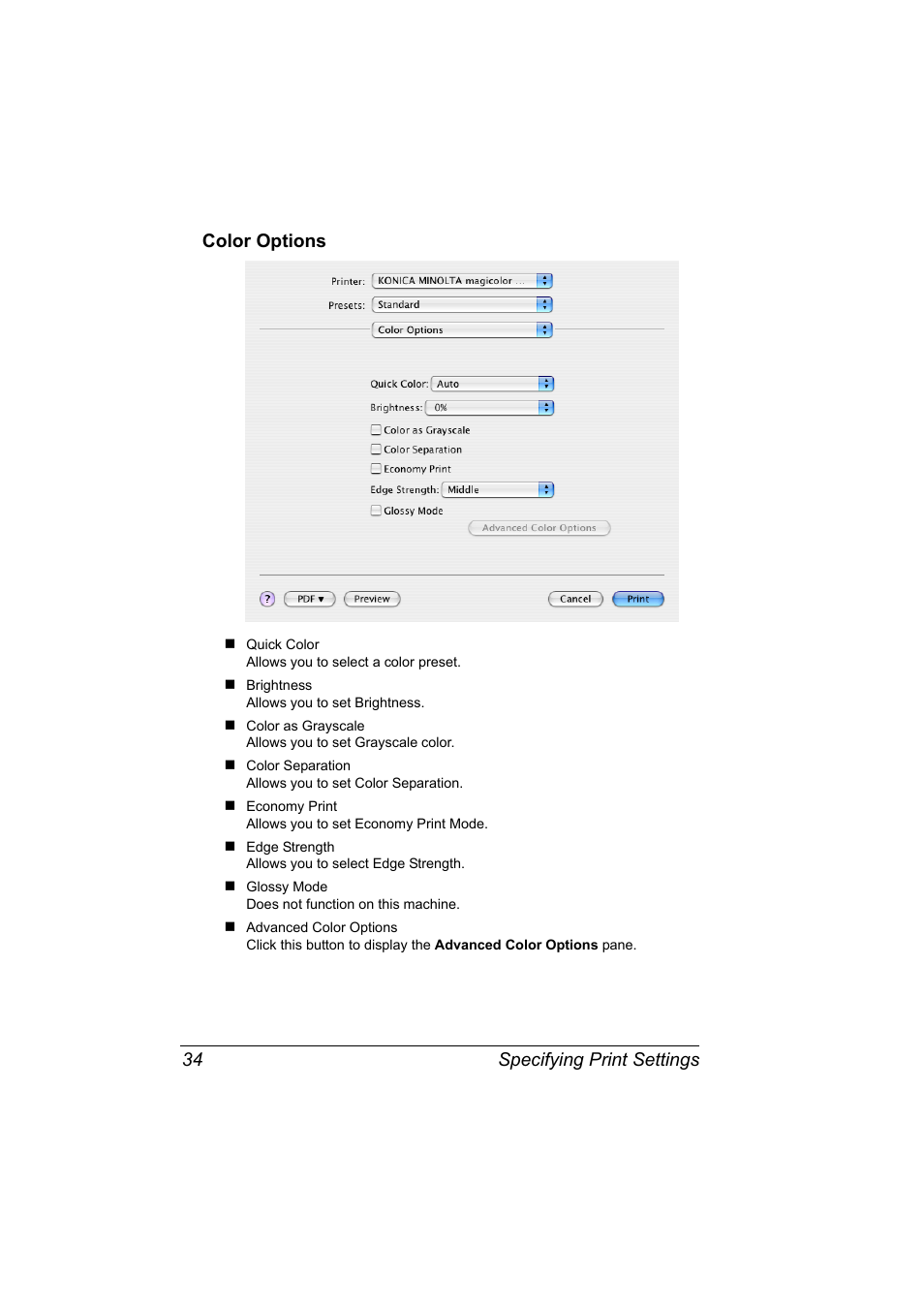 Color options, Color options 34, Specifying print settings 34 color options | Konica Minolta magicolor 4650EN User Manual | Page 52 / 334