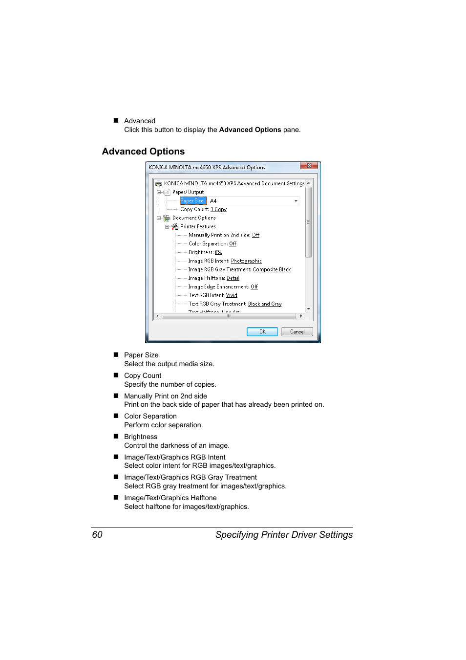 Advanced options, Advanced options 60, Specifying printer driver settings 60 | Konica Minolta magicolor 4650EN User Manual | Page 78 / 334