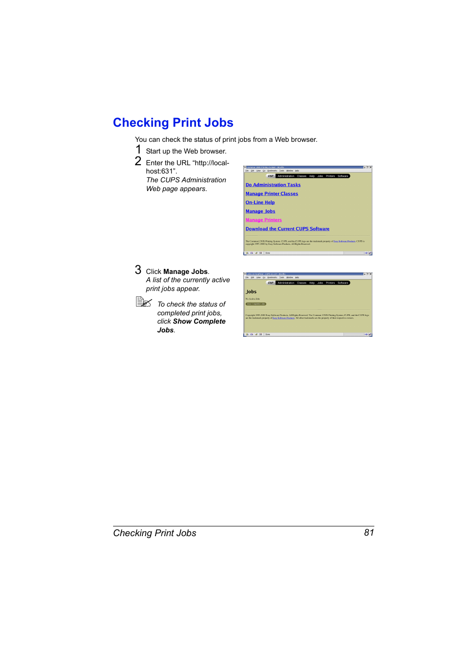 Checking print jobs, Checking print jobs 81 | Konica Minolta magicolor 4650EN User Manual | Page 99 / 334