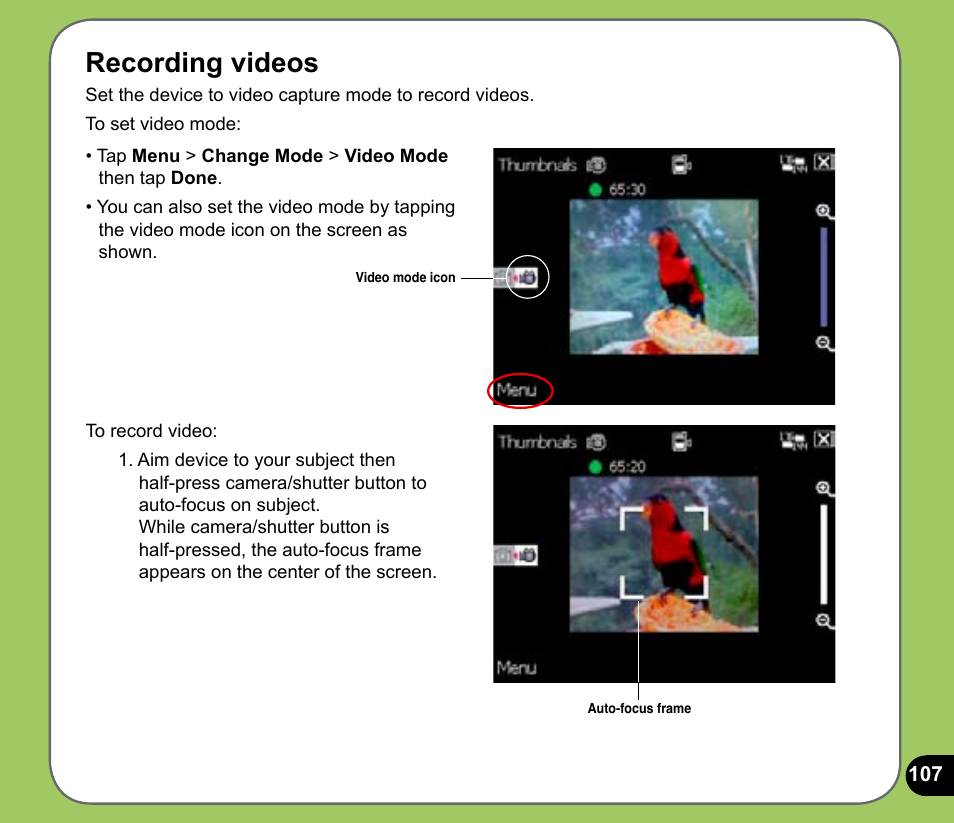 Recording videos | Asus P525 User Manual | Page 107 / 134