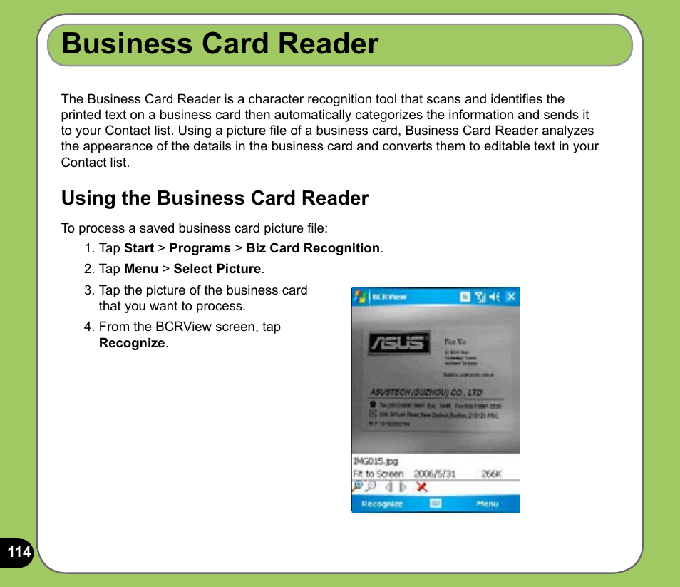 Business card reader, Using the business card reader | Asus P525 User Manual | Page 114 / 134