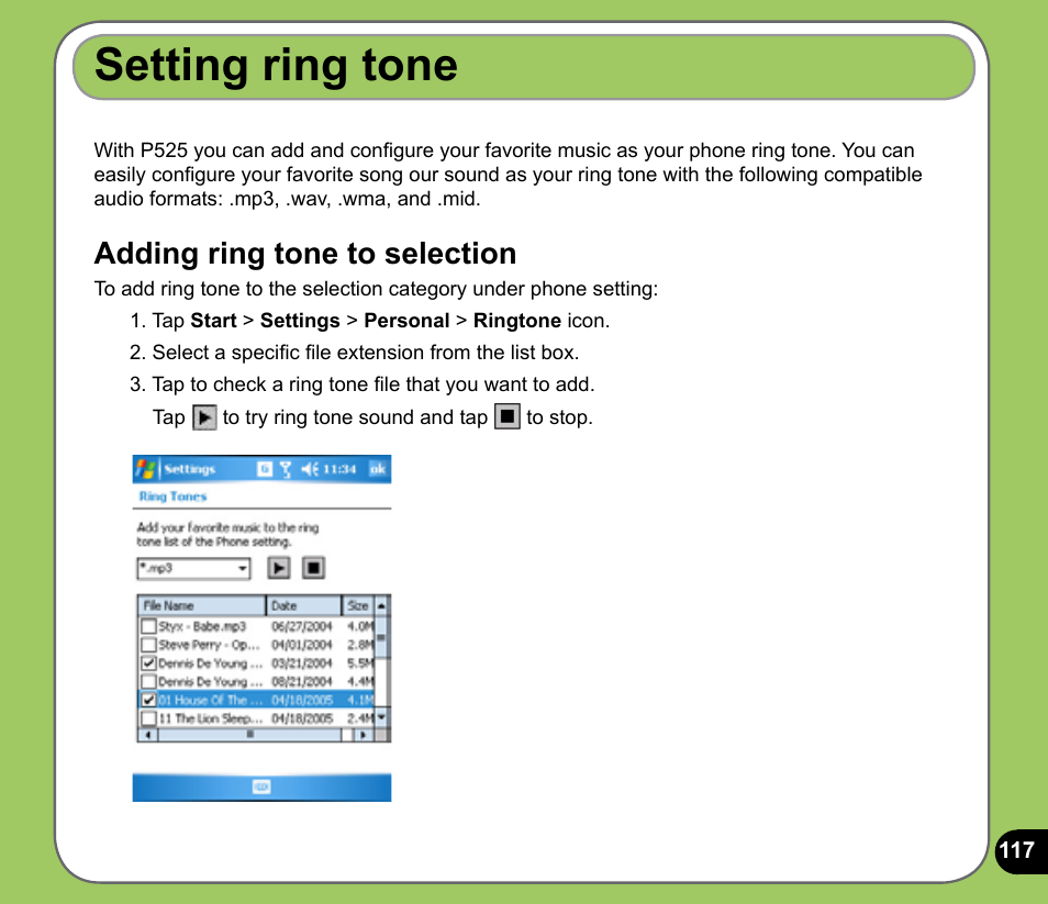 Setting ring tone, Adding ring tone to selection | Asus P525 User Manual | Page 117 / 134