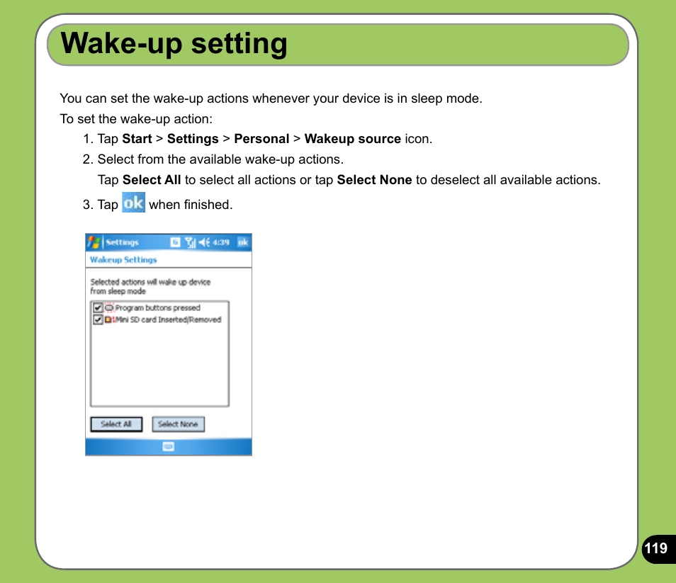 Wake-up setting | Asus P525 User Manual | Page 119 / 134