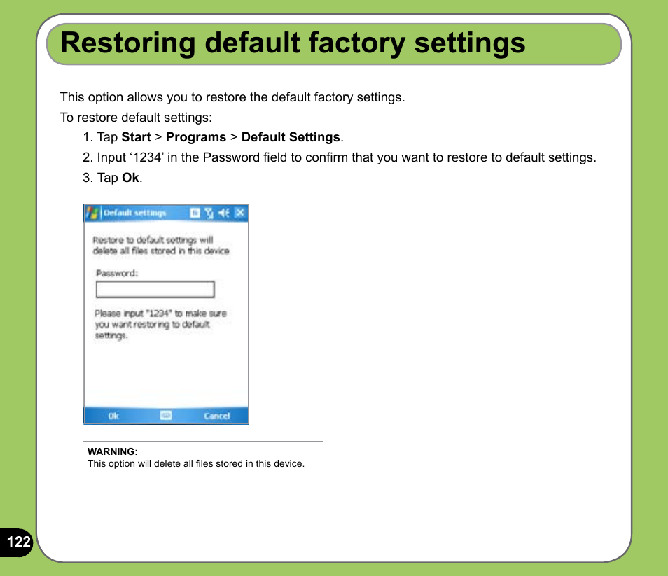 Restoring default factory settings | Asus P525 User Manual | Page 122 / 134