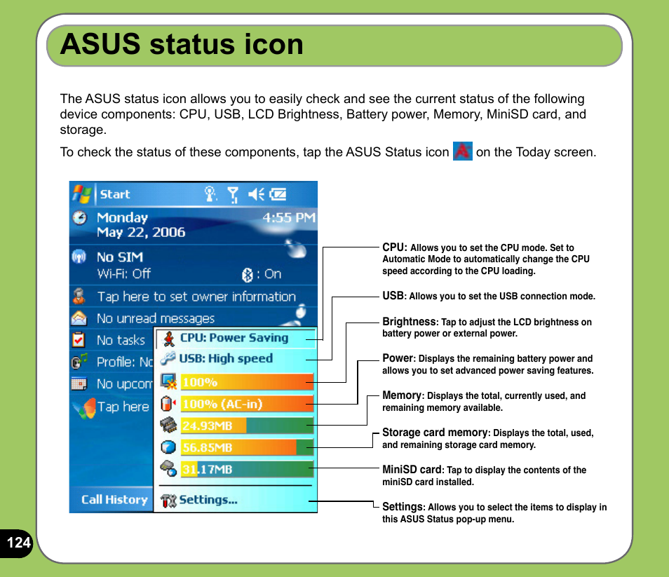 Asus status icon | Asus P525 User Manual | Page 124 / 134