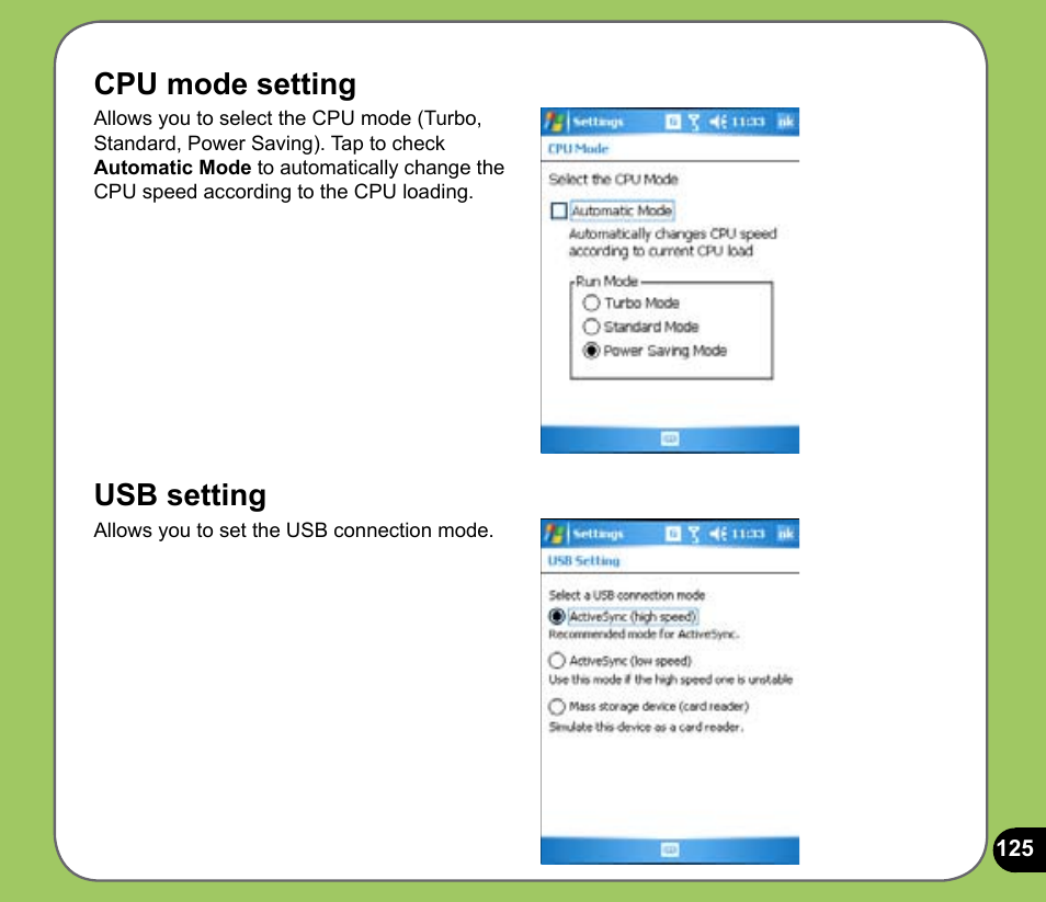 Cpu mode setting, Usb setting | Asus P525 User Manual | Page 125 / 134