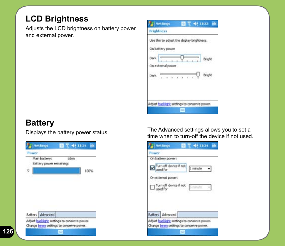 Lcd brightness, Battery | Asus P525 User Manual | Page 126 / 134