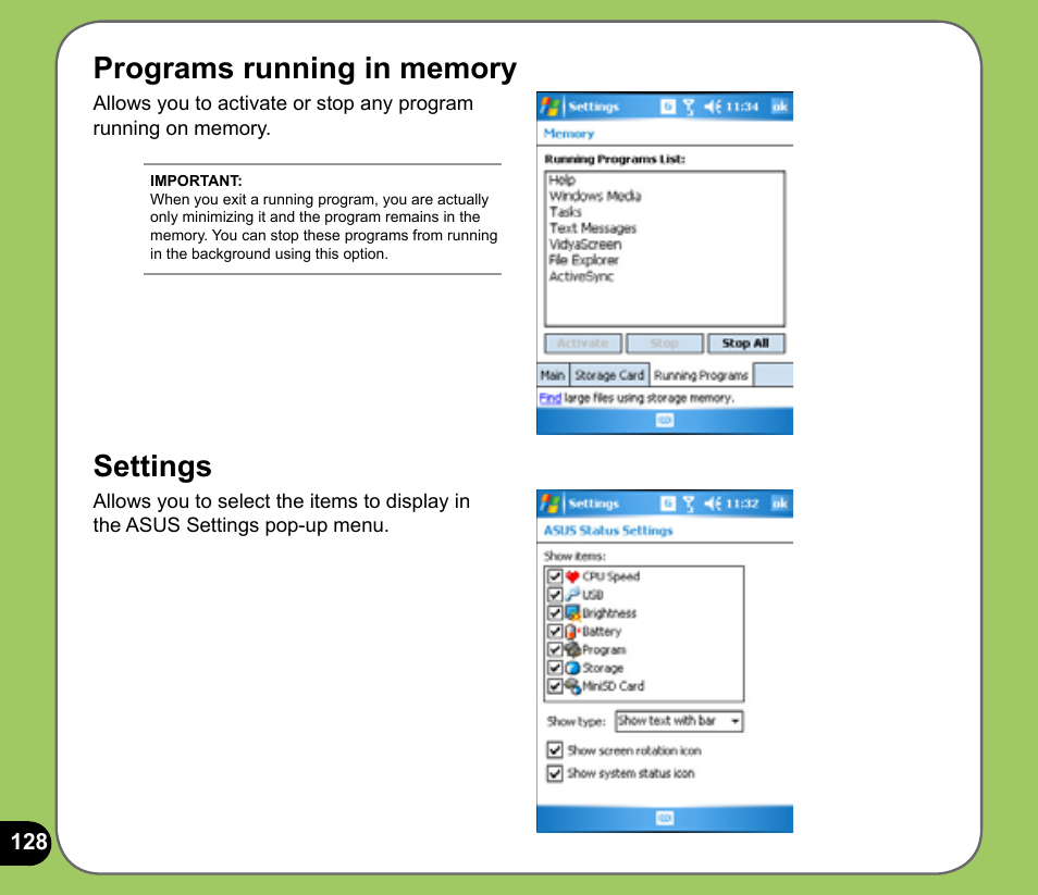 Settings | Asus P525 User Manual | Page 128 / 134