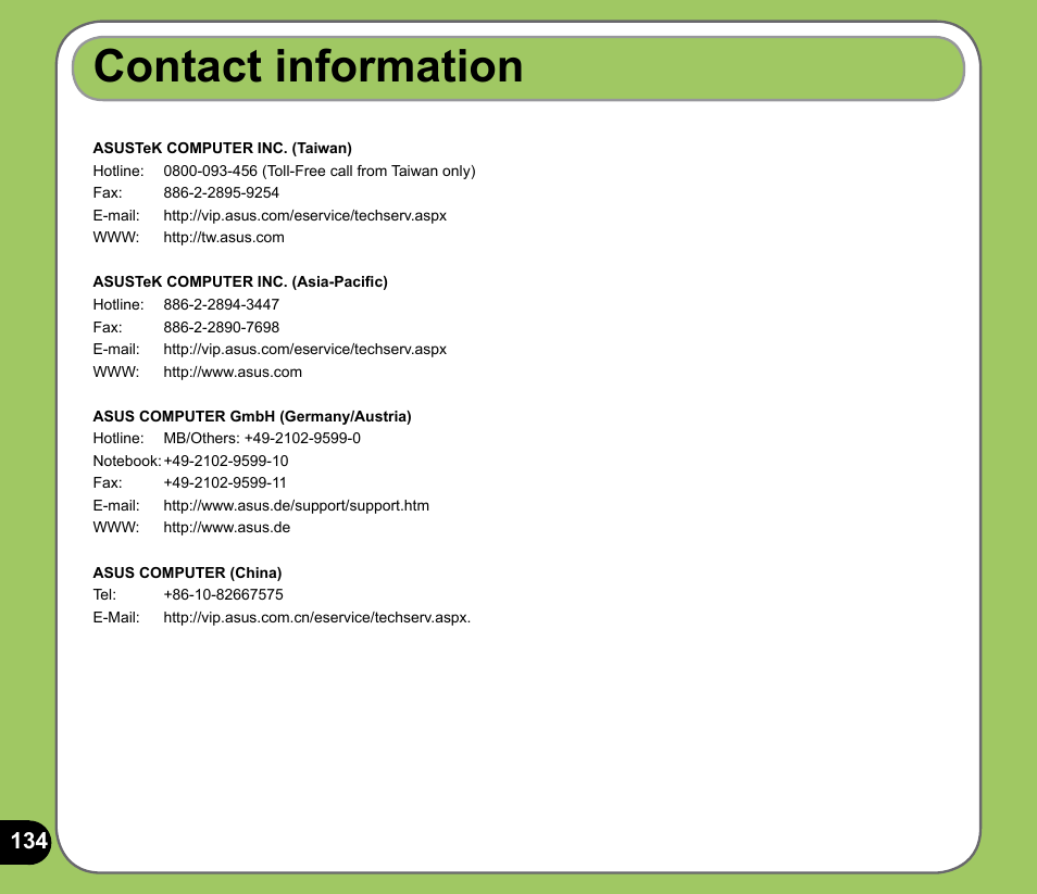 Contact information | Asus P525 User Manual | Page 134 / 134