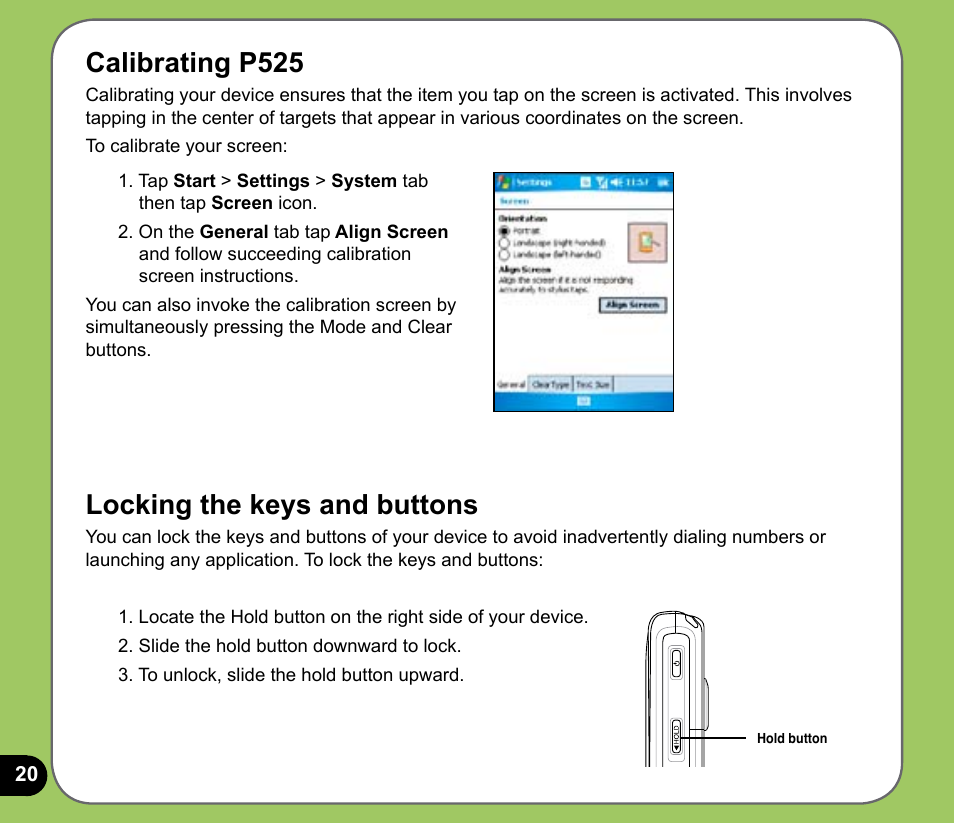 Calibrating p, Locking the keys and buttons | Asus P525 User Manual | Page 20 / 134