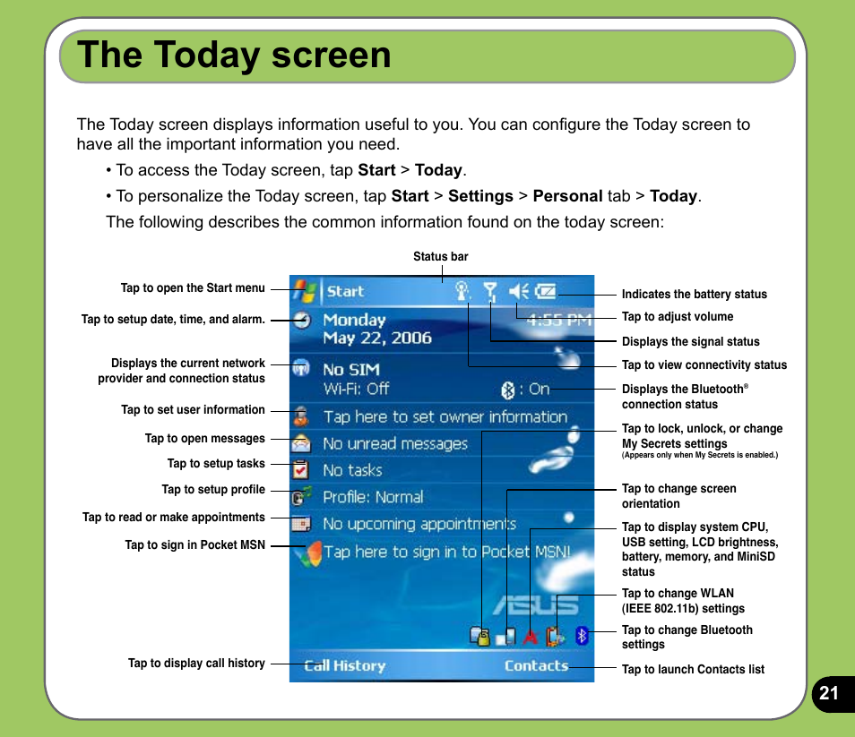 The today screen | Asus P525 User Manual | Page 21 / 134