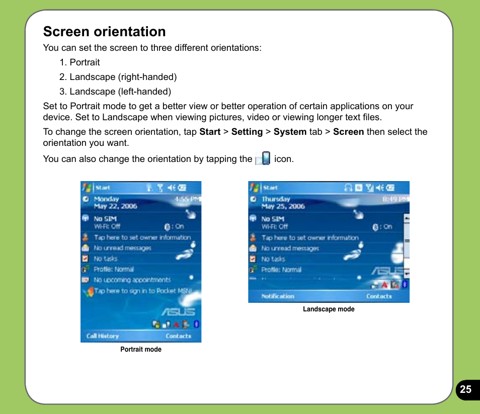 Screen orientation | Asus P525 User Manual | Page 25 / 134