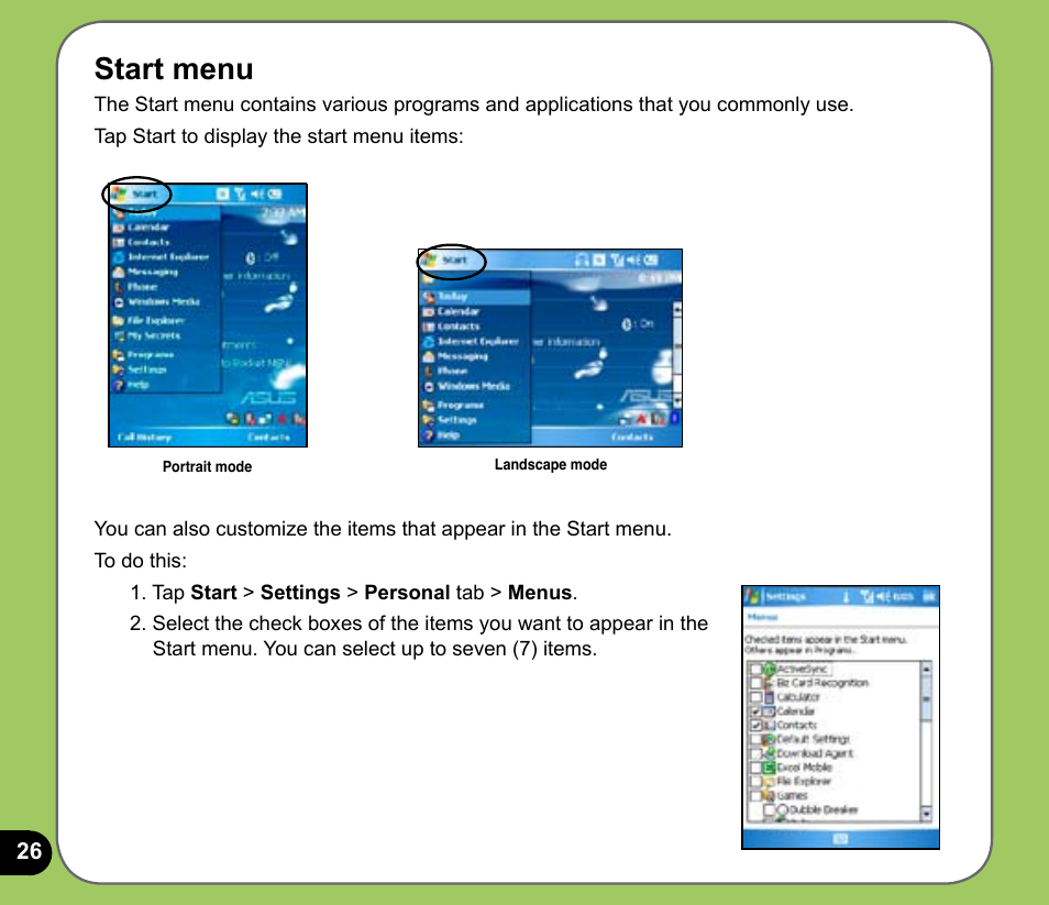 Start menu | Asus P525 User Manual | Page 26 / 134