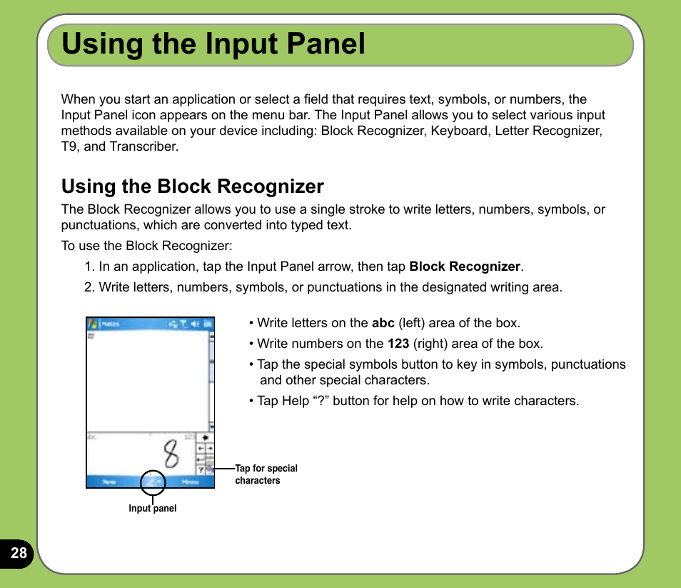 Using the input panel, Using the block recognizer | Asus P525 User Manual | Page 28 / 134