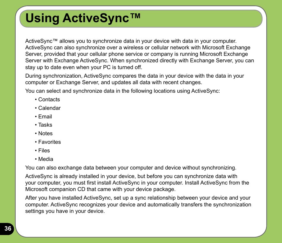 Using activesync | Asus P525 User Manual | Page 36 / 134