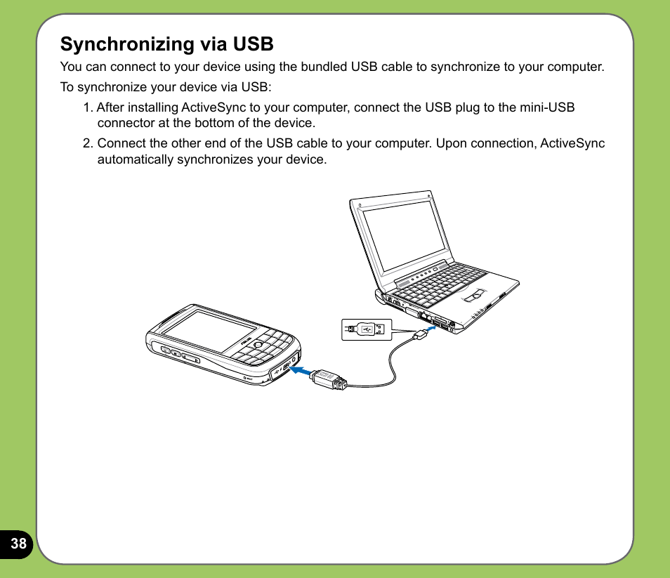 Synchronizing via usb | Asus P525 User Manual | Page 38 / 134