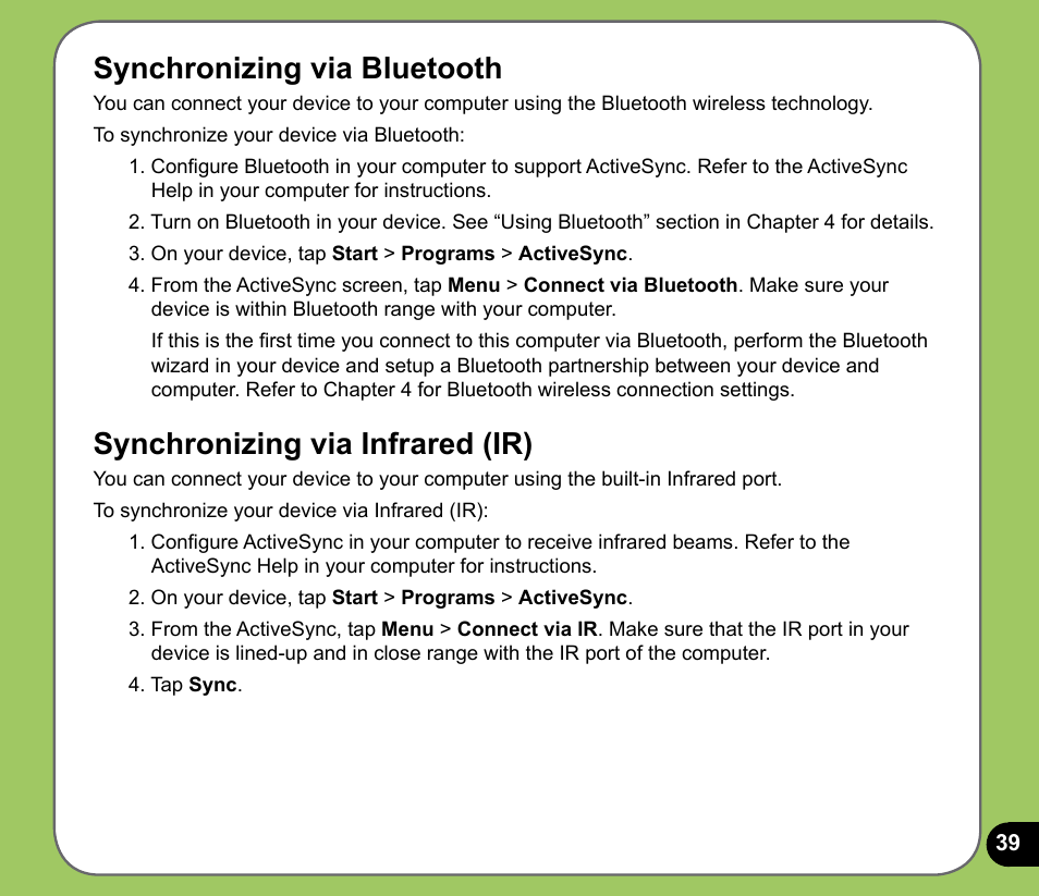 Synchronizing via bluetooth, Synchronizing via infrared (ir) | Asus P525 User Manual | Page 39 / 134