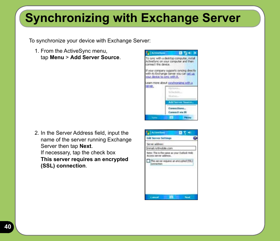 Synchronizing with exchange server | Asus P525 User Manual | Page 40 / 134