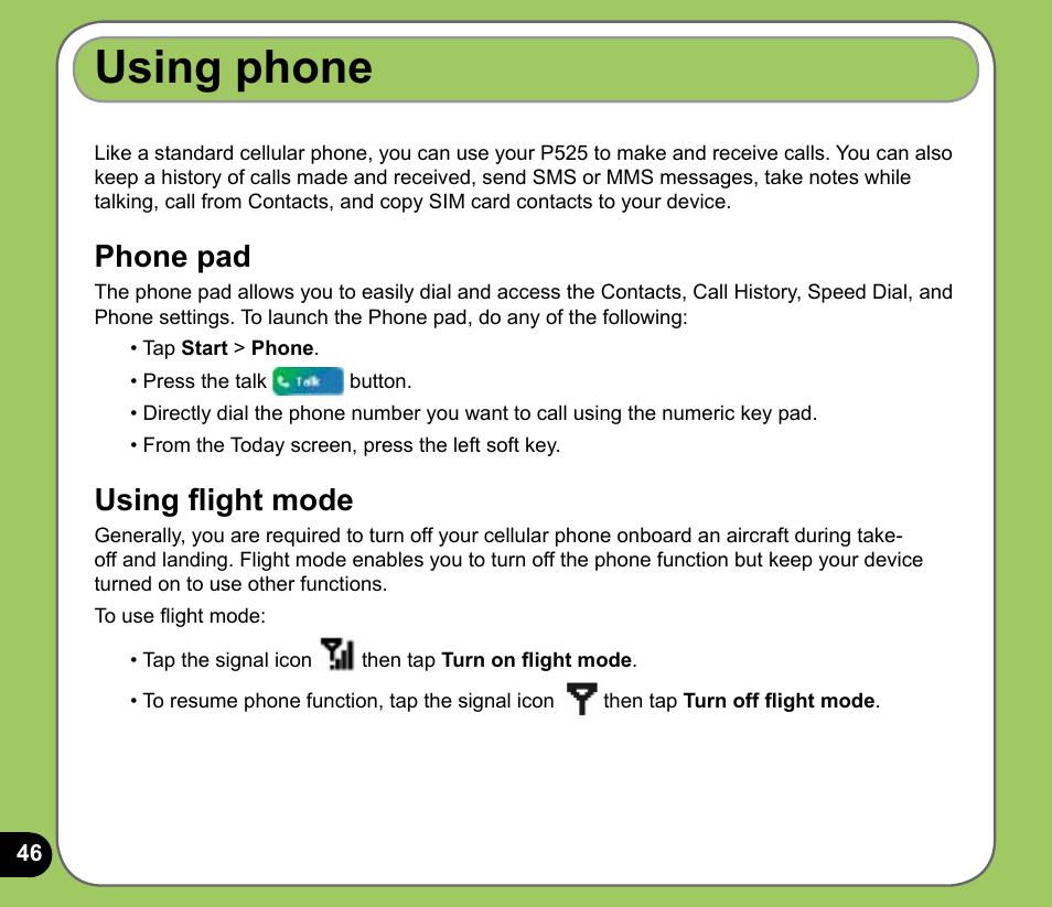 Using phone, Phone pad, Using flight mode | Asus P525 User Manual | Page 46 / 134