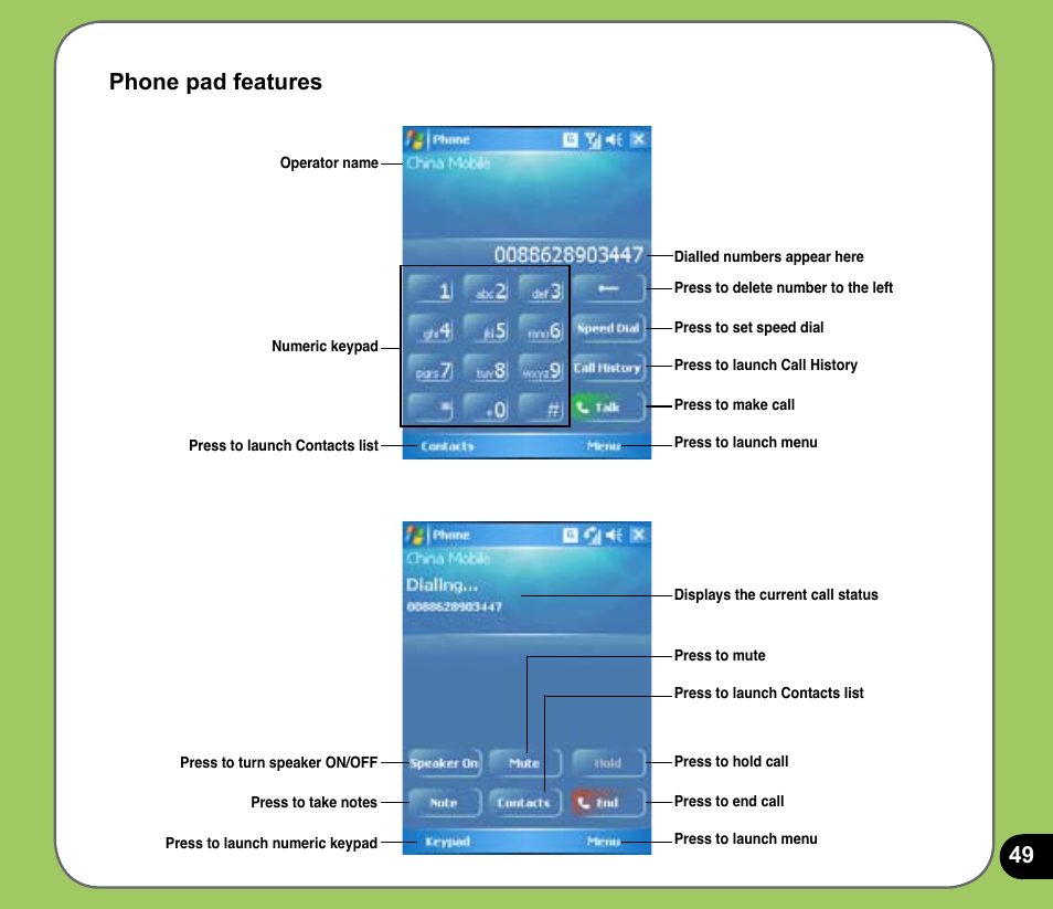 Phone pad features | Asus P525 User Manual | Page 49 / 134