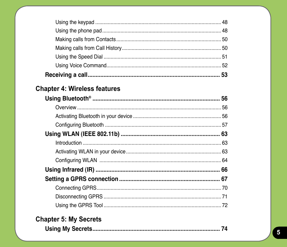 Chapter : wireless features, Chapter : my secrets | Asus P525 User Manual | Page 5 / 134