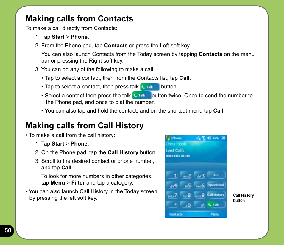 Making calls from contacts, Making calls from call history | Asus P525 User Manual | Page 50 / 134