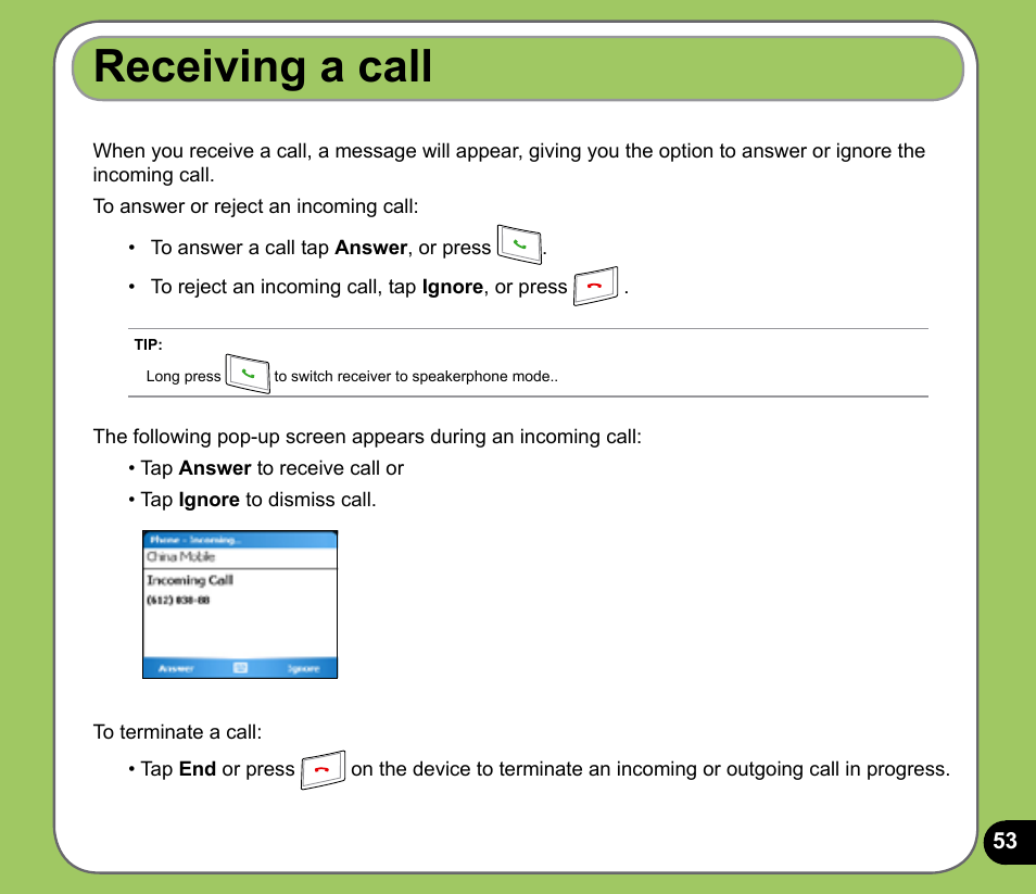 Receiving a call | Asus P525 User Manual | Page 53 / 134