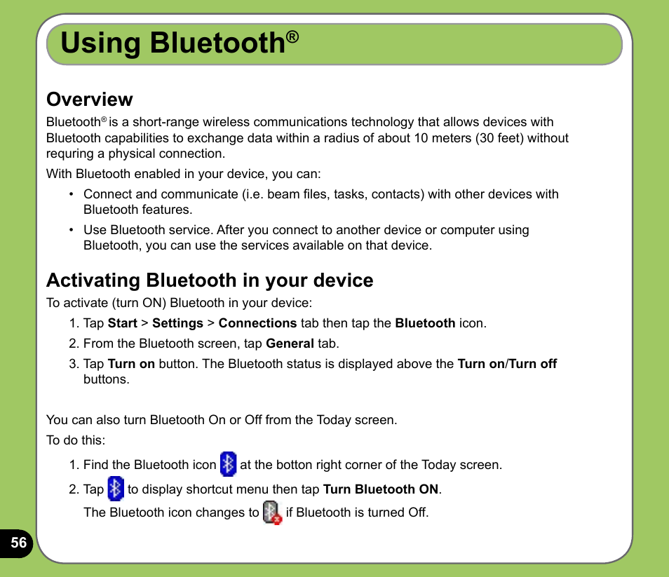 Using bluetooth, Overview, Activating bluetooth in your device | Asus P525 User Manual | Page 56 / 134