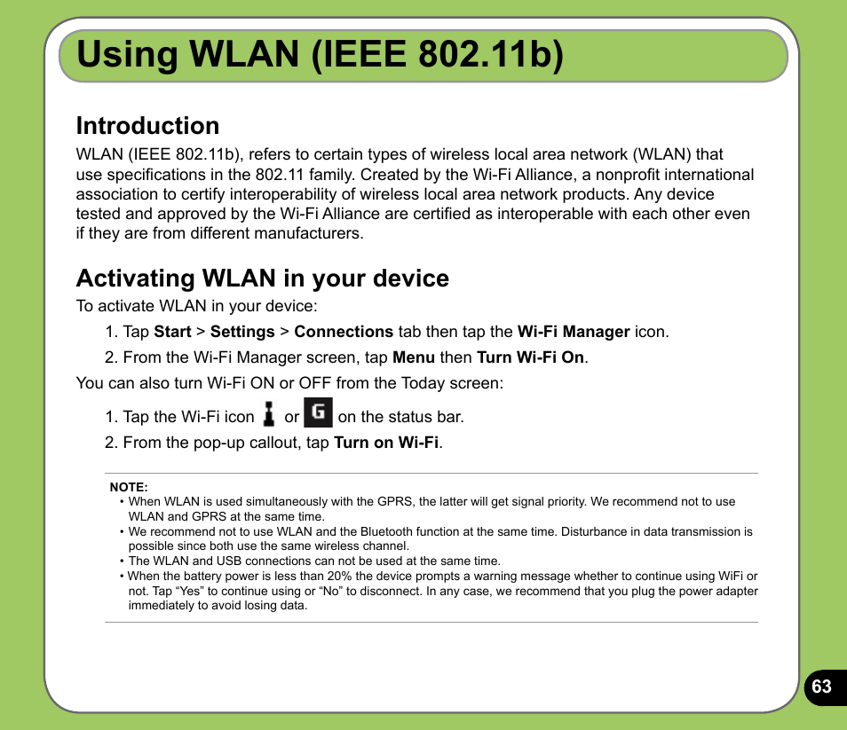 Using wlan (ieee 80.11b), Introduction, Activating wlan in your device | Asus P525 User Manual | Page 63 / 134