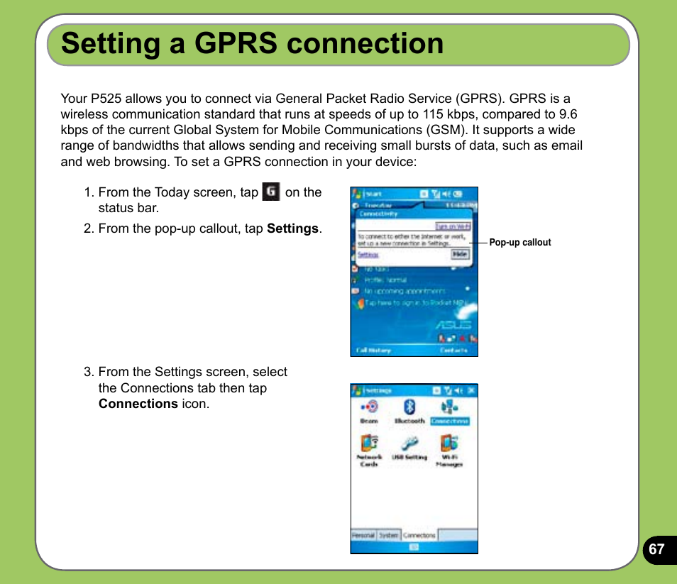 Setting a gprs connection | Asus P525 User Manual | Page 67 / 134