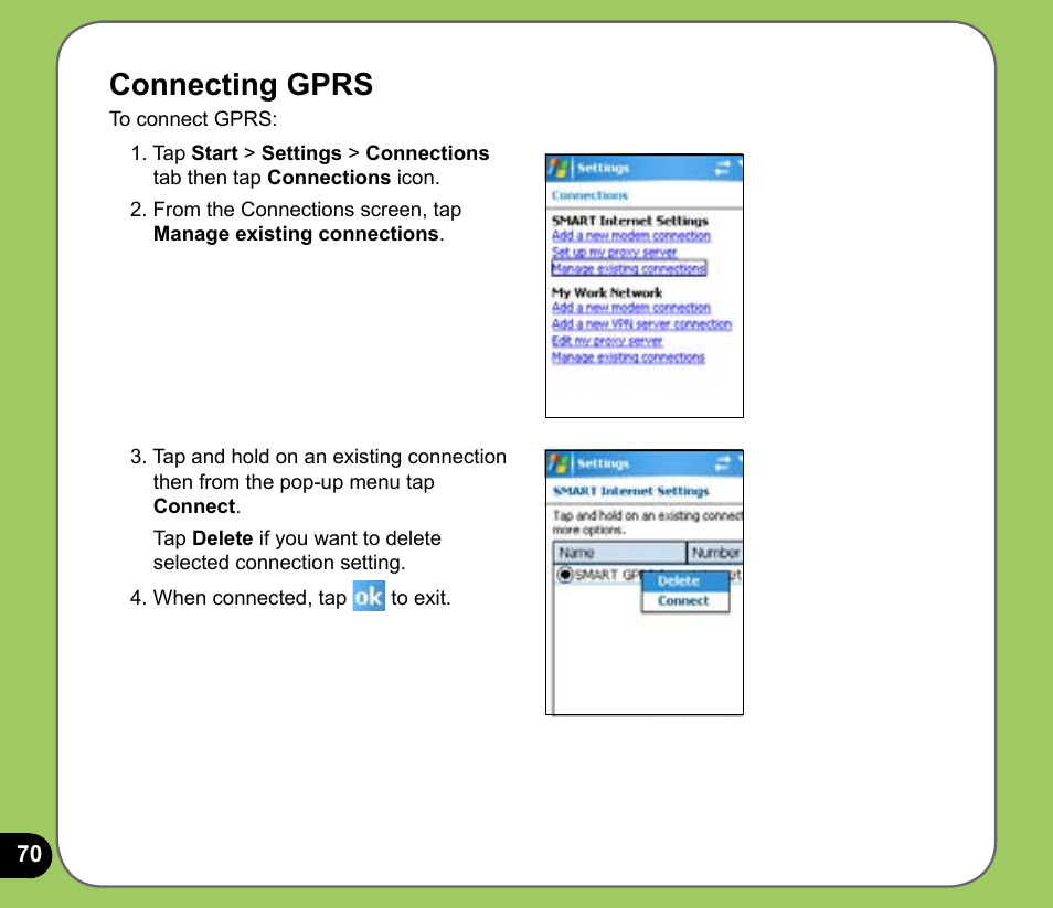 Connecting gprs | Asus P525 User Manual | Page 70 / 134