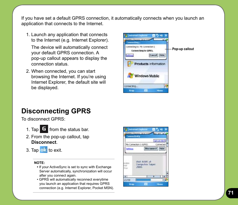 Disconnecting gprs | Asus P525 User Manual | Page 71 / 134