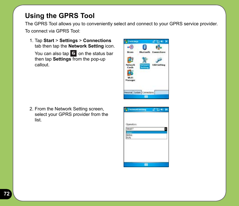 Using the gprs tool | Asus P525 User Manual | Page 72 / 134