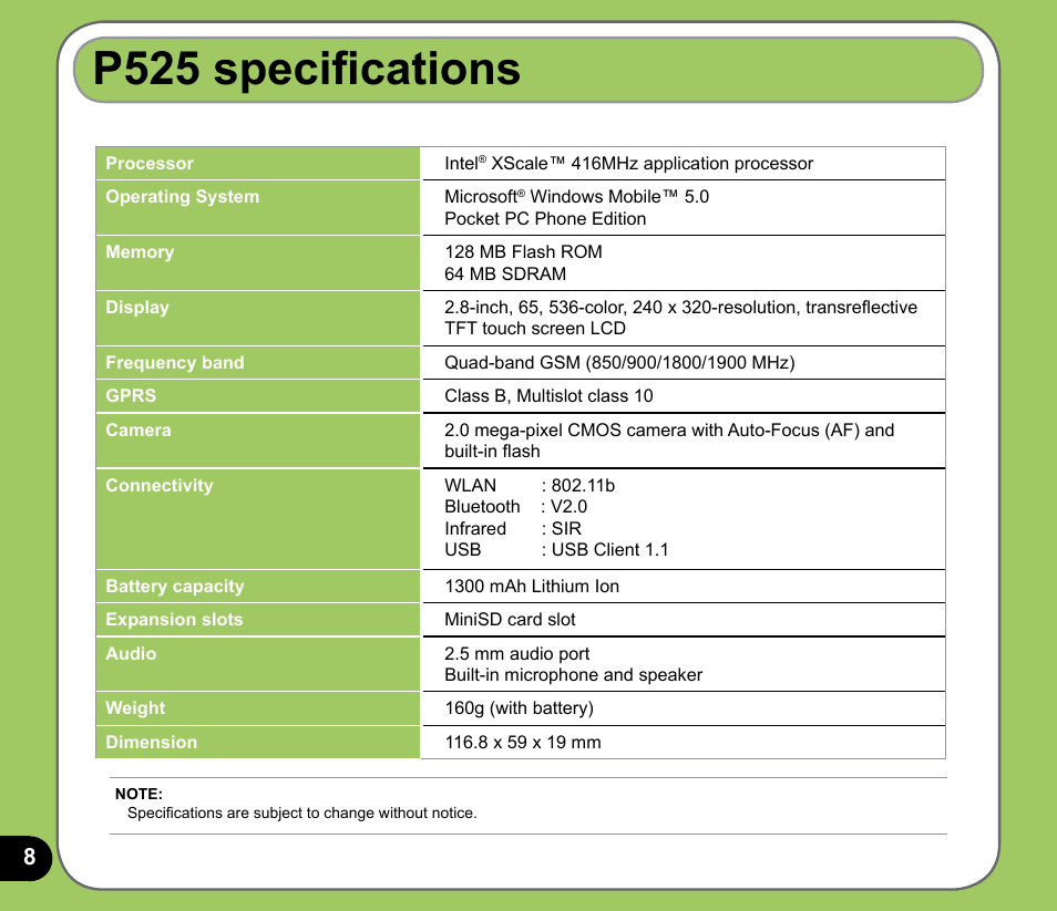 P525 specifications | Asus P525 User Manual | Page 8 / 134