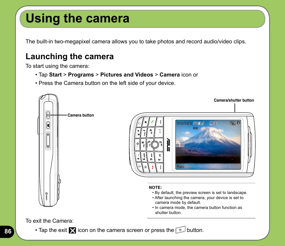 Using the camera, Launching the camera | Asus P525 User Manual | Page 86 / 134