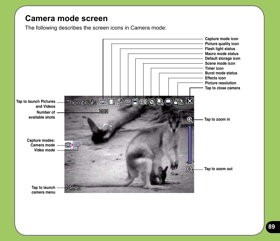 Camera mode screen | Asus P525 User Manual | Page 89 / 134